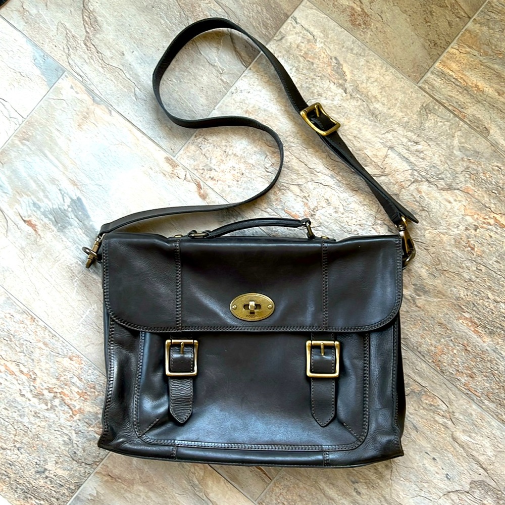 Fossil Black Leather Messenger Bag